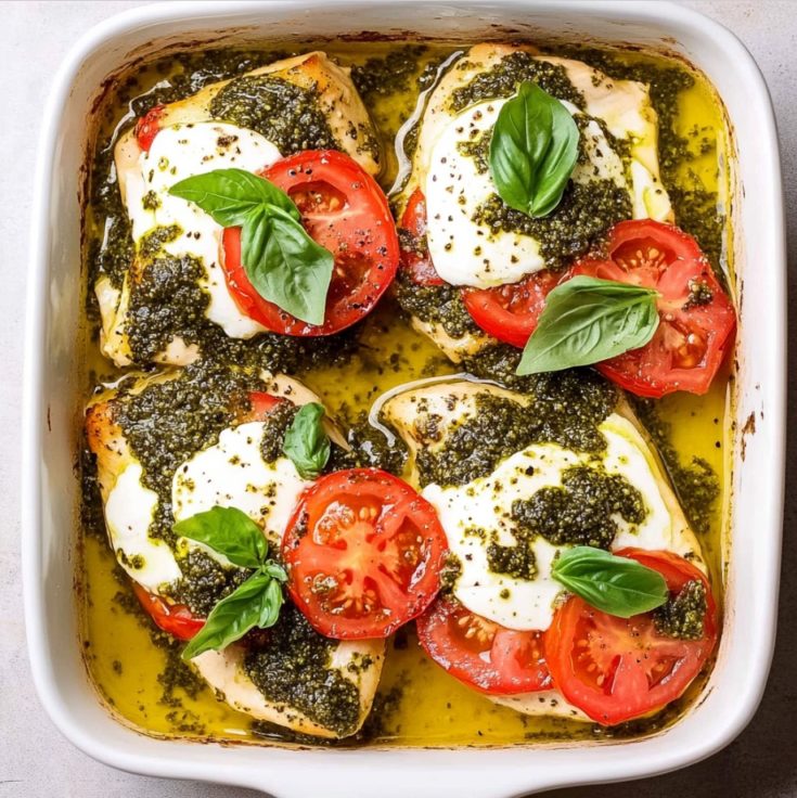 Basil Pesto Tomato Mozzarella Chicken Bake
