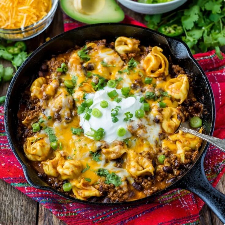 Cheesy Beef Enchilada Tortellini Skillet