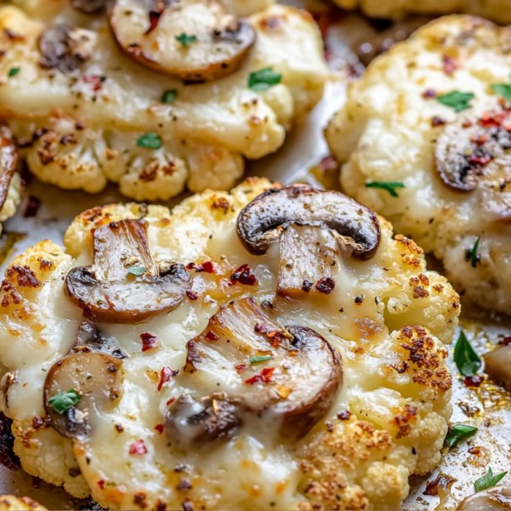 Clean Eating Cheesy Cauliflower Mushroom Steaks