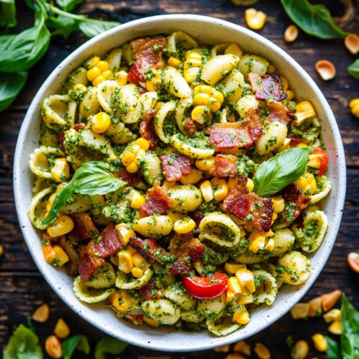 Corn Pasta Salad with Bacon and Creamy Pesto Dressing