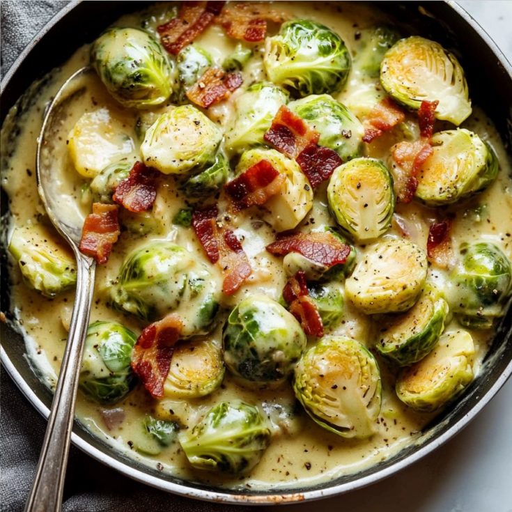 Creamy Garlic Parmesan Brussels Sprouts with Bacon