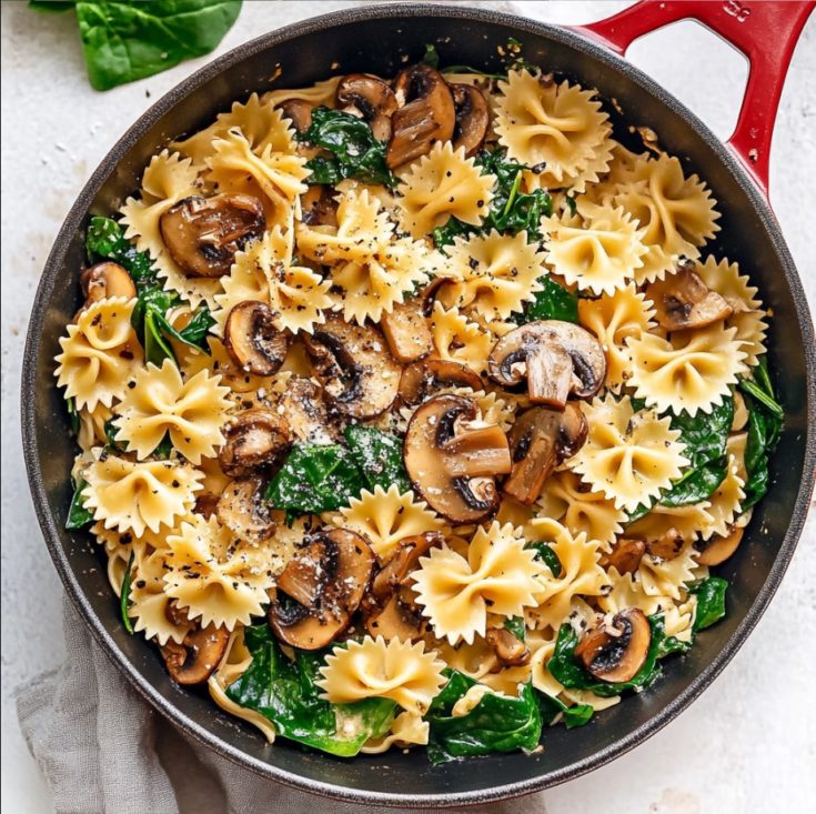 Creamy Parmesan Spinach Mushroom Pasta Skillet