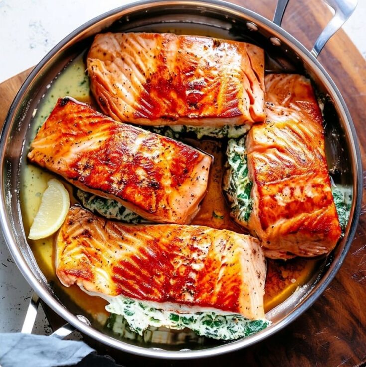 Creamy Spinach Stuffed Salmon in Garlic Butter