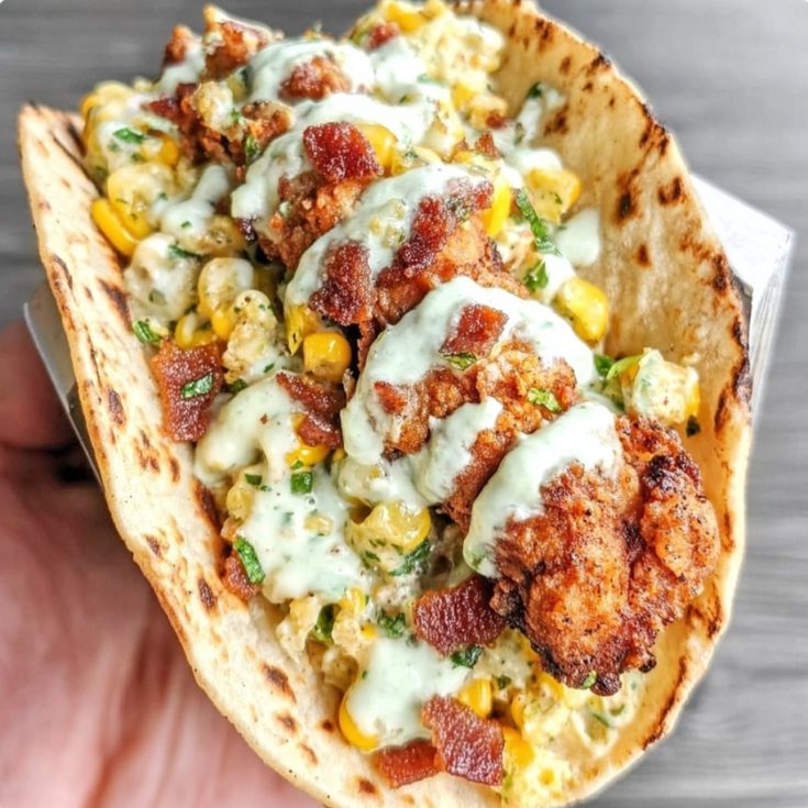 Fried Chicken Street Corn Tacos with Bacon and Jalapeno Lime Ranch