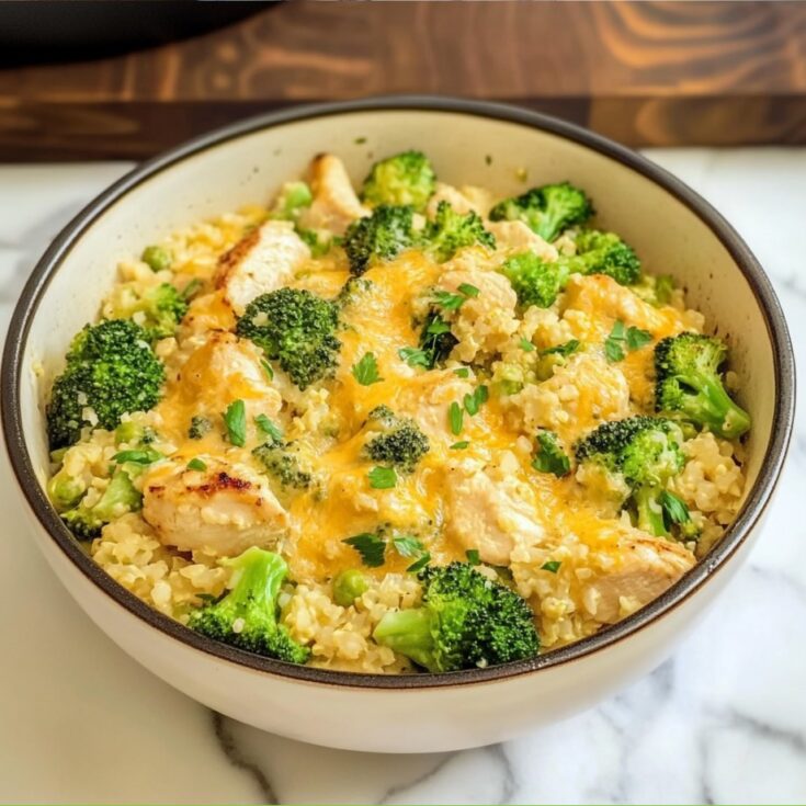 One Pan Cheesy Cauliflower Rice with Broccoli and Chicken