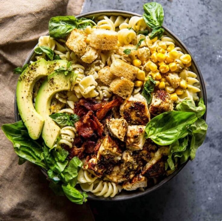 Pesto Chicken, Corn, and Avocado Bacon Pasta Salad