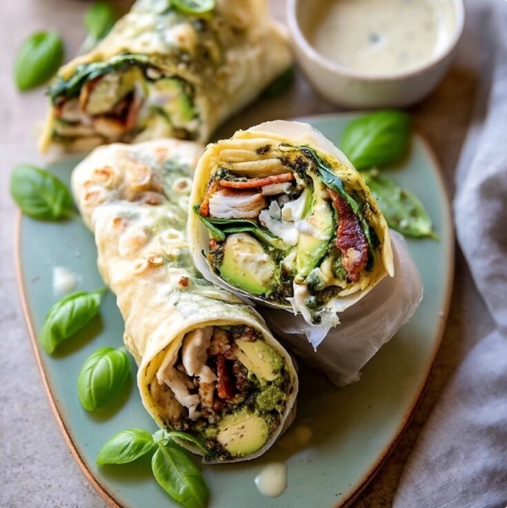 Pesto Chicken and Avocado Bacon Salad Wraps
