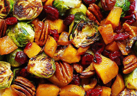 Roasted Brussels Sprouts and Cinnamon Butternut Squash with Pecans and Cranberries