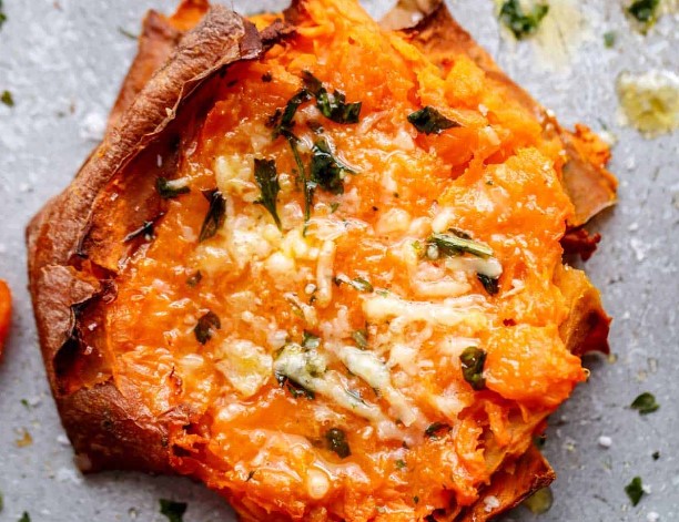 Easy Garlic Butter Smashed Sweet Potatoes With Parmesan Cheese