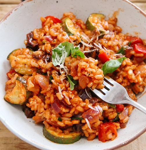 Tomato and Roasted Mediterranean Vegetable Risotto Vegan