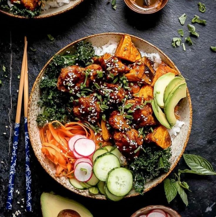Sheet Pan Korean Chicken Bowl with Sweet Potatoes and Yum Yum Sauce