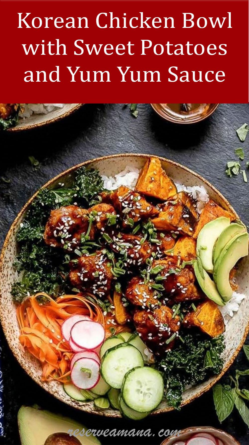 Sheet Pan Korean Chicken Bowl with Sweet Potatoes and Yum Yum Sauce