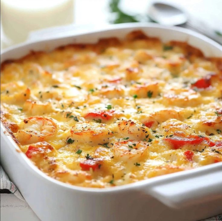 Spicy Shrimp and Grits Casserole with Gouda Cheese