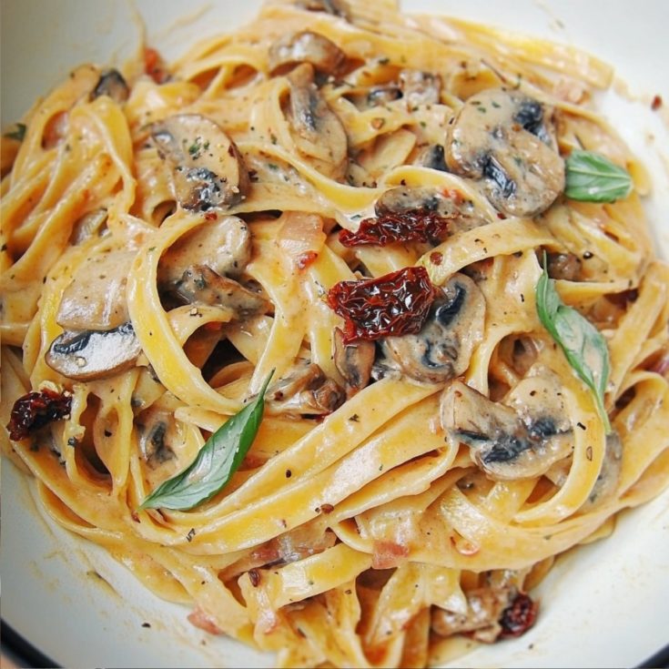 Sun Dried Tomato and Mushroom Pasta in a Garlic and Basil Sauce