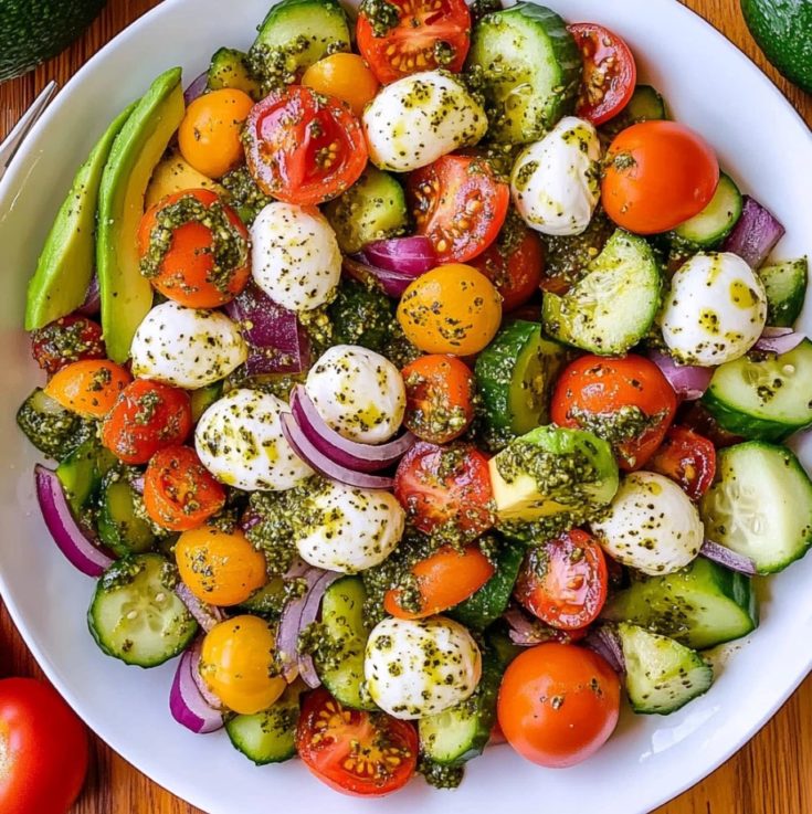 Tomato Cucumber Avocado Salad with Mozzarella and Basil Pesto